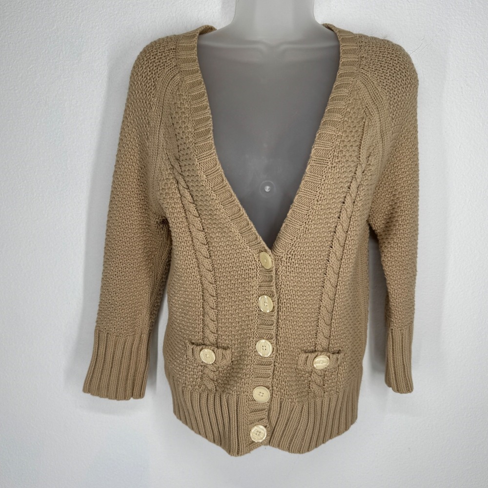 Banana Republic Chunky Cable Knit Cotton Cardigan Sweater Women Size S Fisherman
